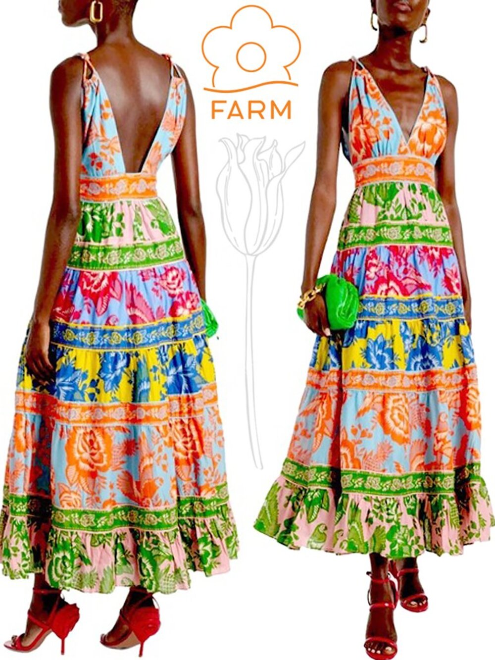FARM Rio Printed Tiered Cotton Midi Dress NWOT